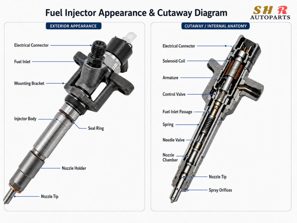 Fuel injector appearance and cutaway diagram showing connector, solenoid coil, control valve and nozzle parts