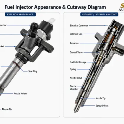 Fuel injector appearance and cutaway diagram showing connector, solenoid coil, control valve and nozzle parts