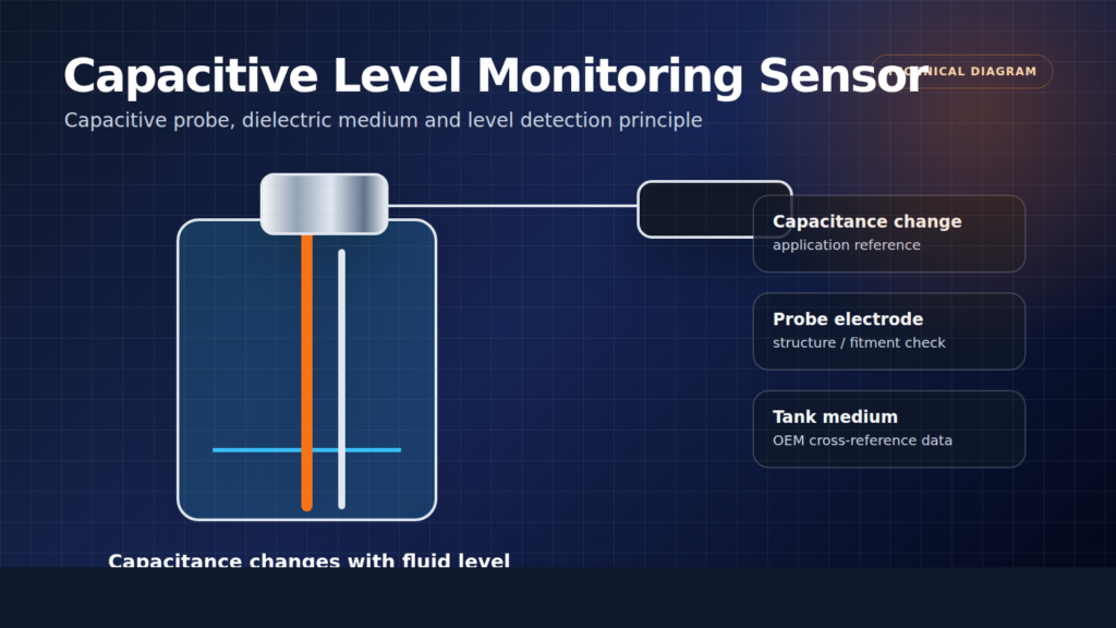 Capacitive level monitoring sensor technical diagram showing probe electrode tank medium and capacitance change