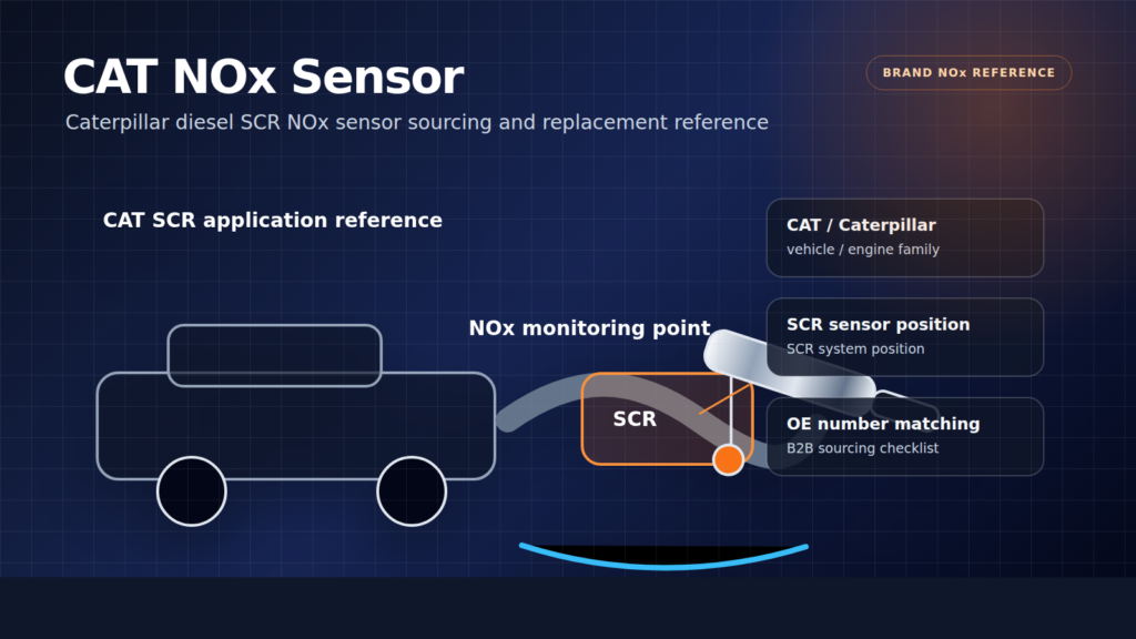 CAT NOx sensor technical diagram showing Caterpillar SCR monitoring point and OE number matching