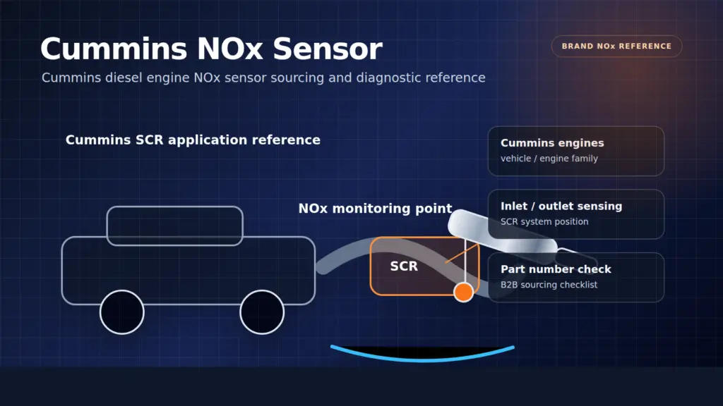 Cummins NOx sensor technical diagram showing SCR inlet outlet sensing and part number verification