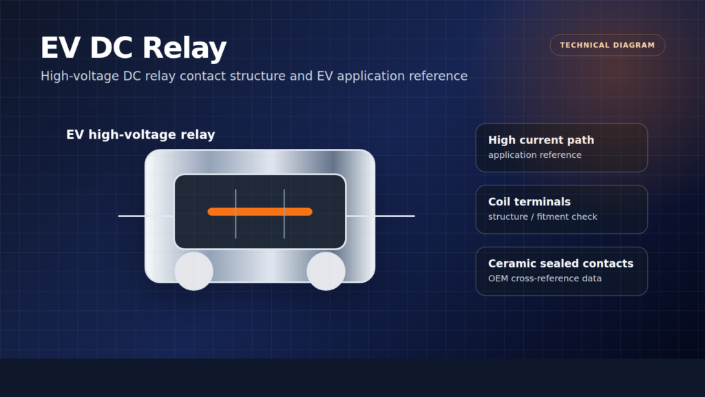 EV DC relay technical diagram showing high voltage contact path coil terminals and sealed contacts