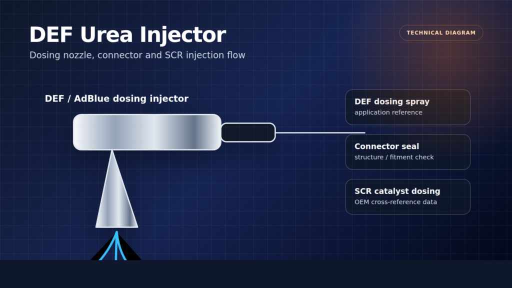 DEF urea injector technical diagram for dosing nozzle connector seal and SCR injection flow