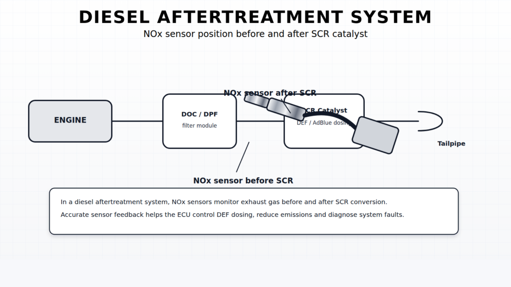 Diesel aftertreatment system diagram showing NOx sensor positions before and after SCR catalyst