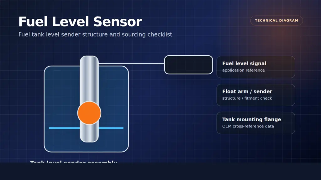 Fuel level sensor technical diagram showing fuel tank level sender float and mounting flange