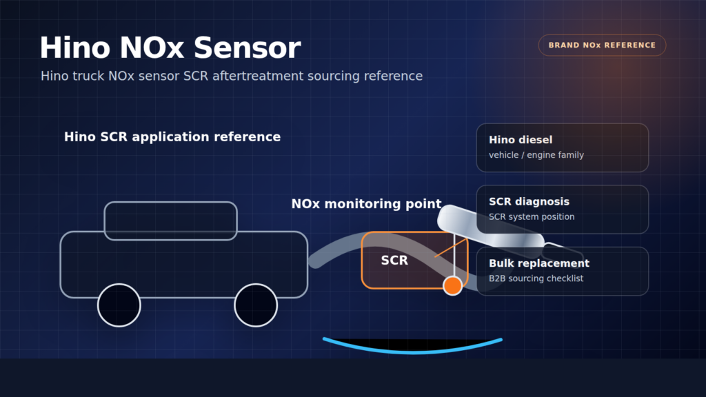 Hino NOx sensor technical diagram showing SCR diagnosis sensor position and bulk replacement support