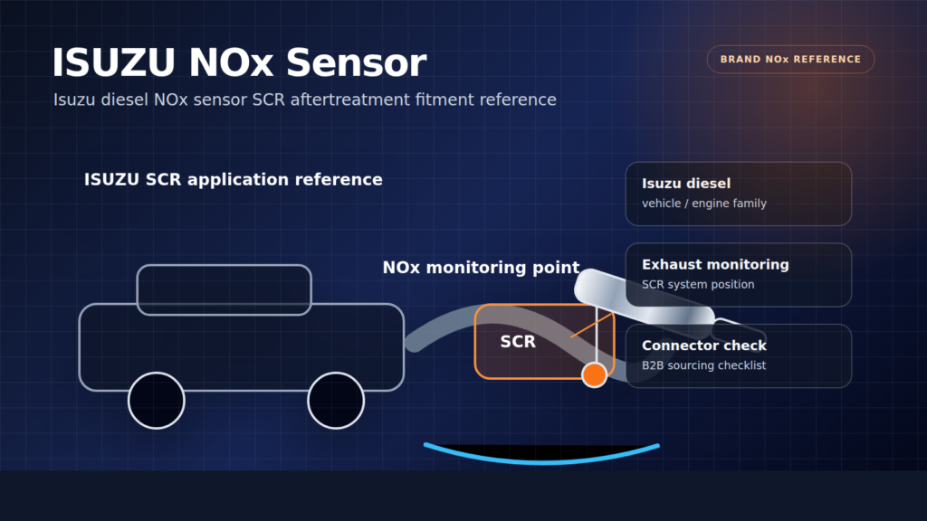 ISUZU NOx sensor technical diagram showing exhaust monitoring point connector and sourcing checklist