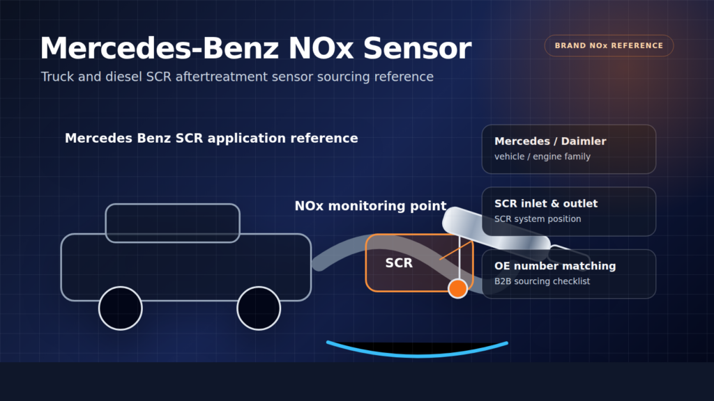 Mercedes-Benz NOx sensor technical diagram showing SCR aftertreatment monitoring point and sourcing checklist