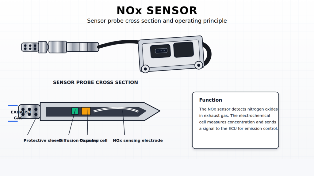 NOx sensor probe cross section diagram showing diffusion chamber O2 pump cell and NOx sensing electrode