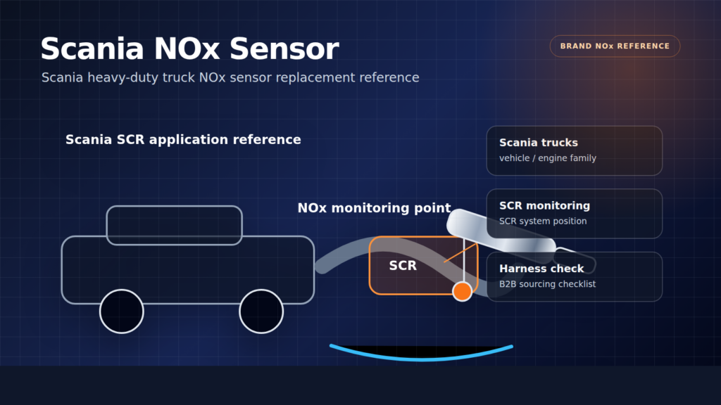 Scania NOx sensor technical diagram showing SCR monitoring point harness and connector fitment