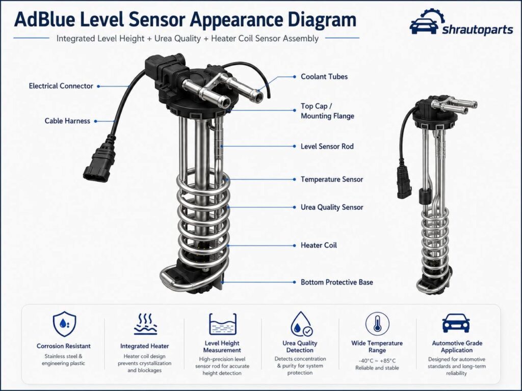 AdBlue DEF urea level sensor appearance diagram with heater coil quality sensor and connector details