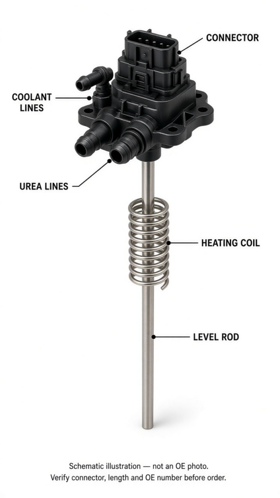 AdBlue DEF urea level sensor appearance diagram showing connector harness coolant tubes level sensor rod temperature sensor urea quality sensor and heater coil