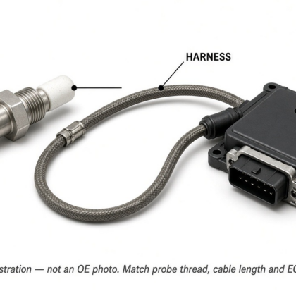 Labeled NOx sensor assembly diagram showing probe hex body cable control unit and vehicle connector